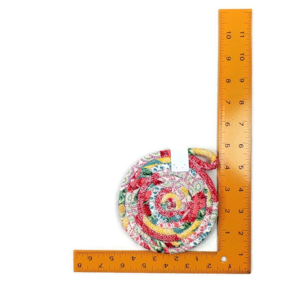 Hand Crafted Multicolor Patchwork Fabric Wrapped Rope Coaster Set 4 Pieces - Picture 7 of 9